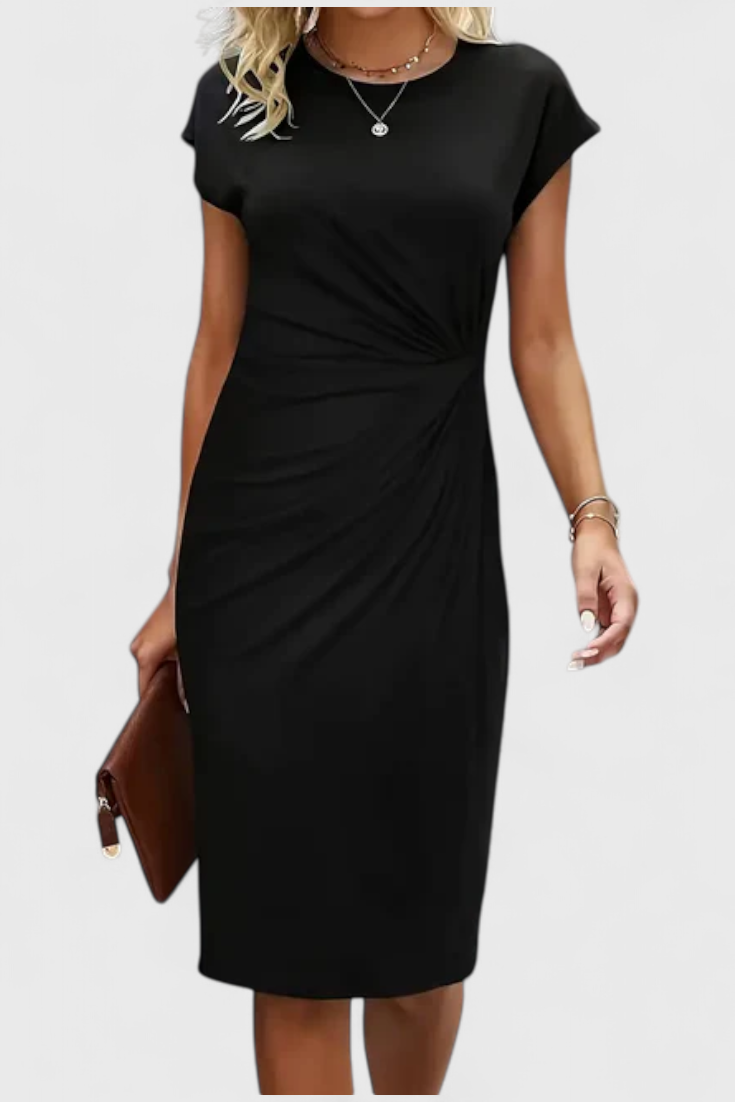 KATRINA | Vestido Midi Atemporal con Cuello Redondo y Detalle Drapeado