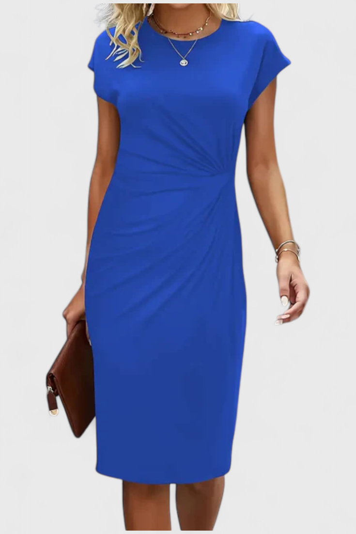 KATRINA | Vestido Midi Atemporal con Cuello Redondo y Detalle Drapeado