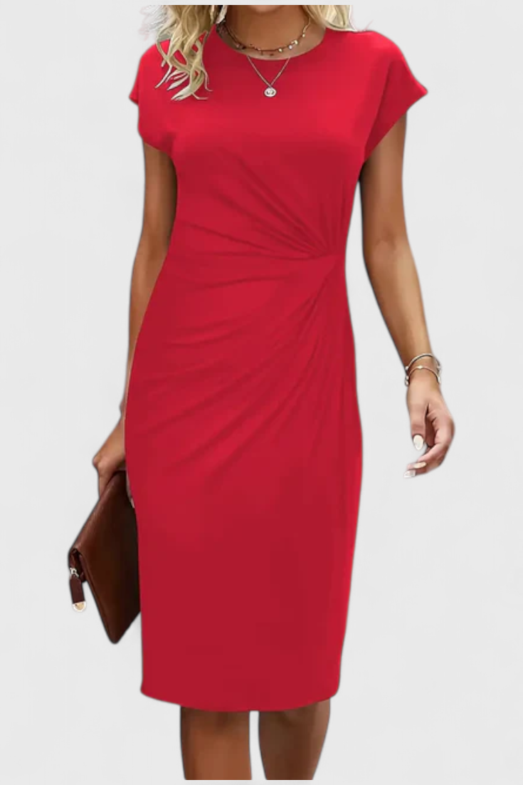 KATRINA | Vestido Midi Atemporal con Cuello Redondo y Detalle Drapeado