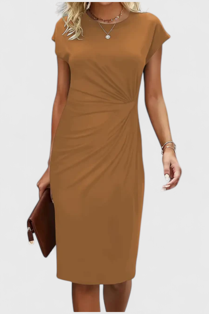 KATRINA | Vestido Midi Atemporal con Cuello Redondo y Detalle Drapeado