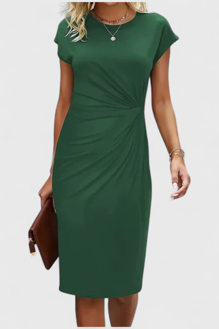 KATRINA | Vestido Midi Atemporal con Cuello Redondo y Detalle Drapeado