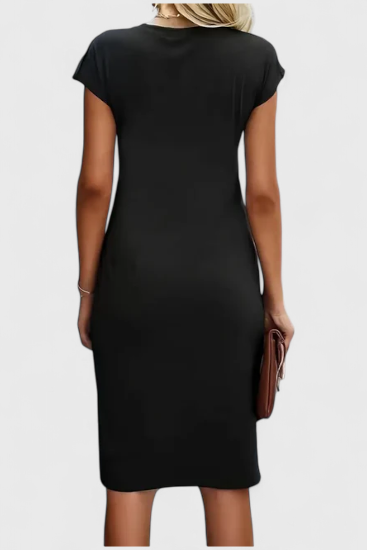 KATRINA | Vestido Midi Atemporal con Cuello Redondo y Detalle Drapeado