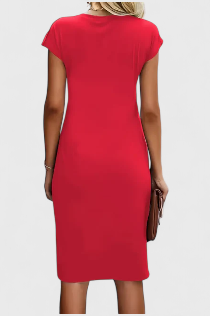 KATRINA | Vestido Midi Atemporal con Cuello Redondo y Detalle Drapeado