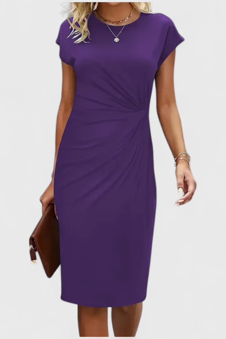 KATRINA | Vestido Midi Atemporal con Cuello Redondo y Detalle Drapeado