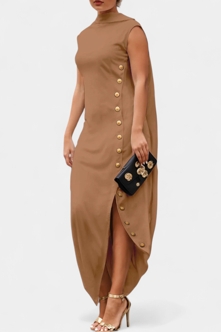 APHRODITE | Vestido Asimétrico con Botones Dorados Decorativos