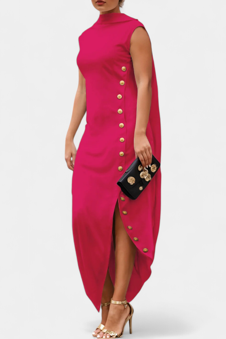 APHRODITE | Vestido Asimétrico con Botones Dorados Decorativos