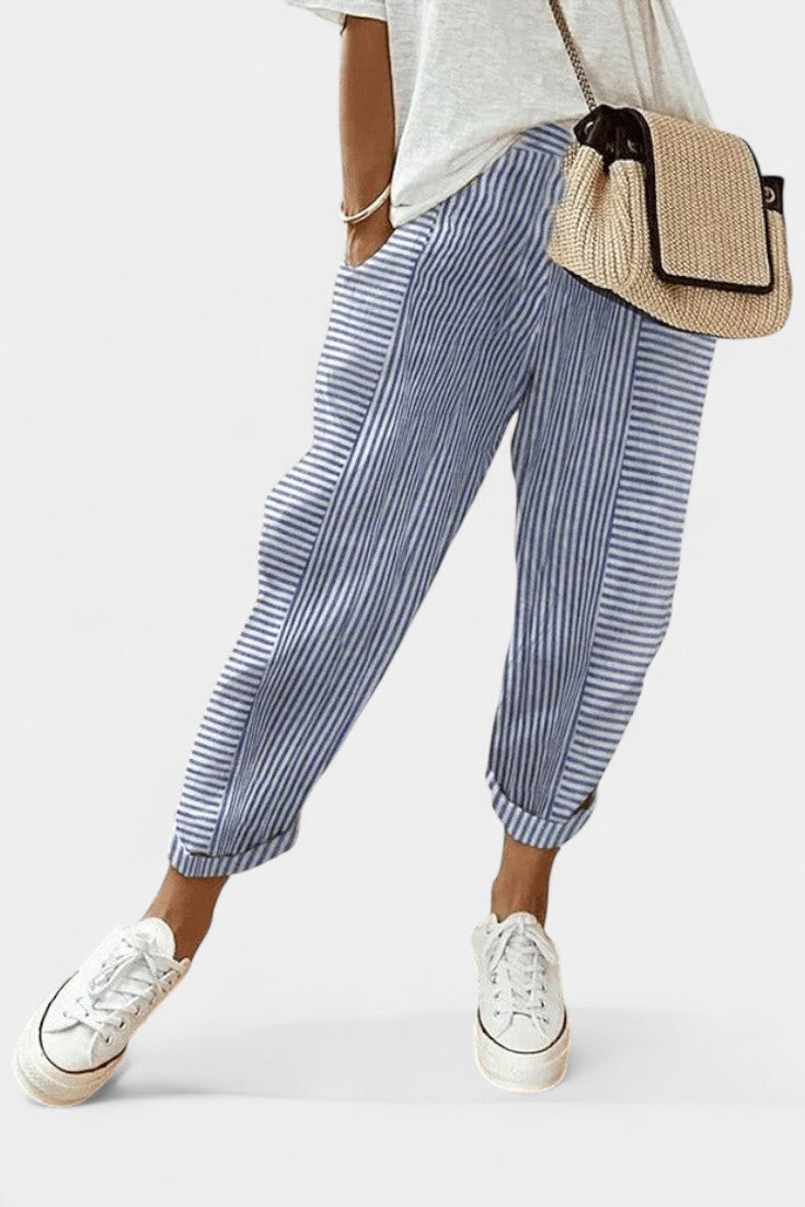 ALBA | Pantalones de Mezcla de Lino a Rayas