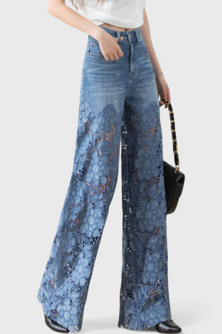 JASIEL | Pantalón Palazzo de Encaje Denim con Bordado Floral