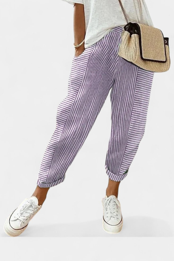 ALBA | Pantalones de Mezcla de Lino a Rayas