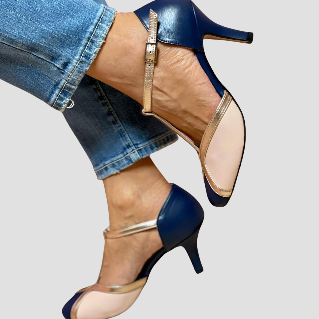 Naya | Tacones Retro Ortopédicos con Acabado Metálico