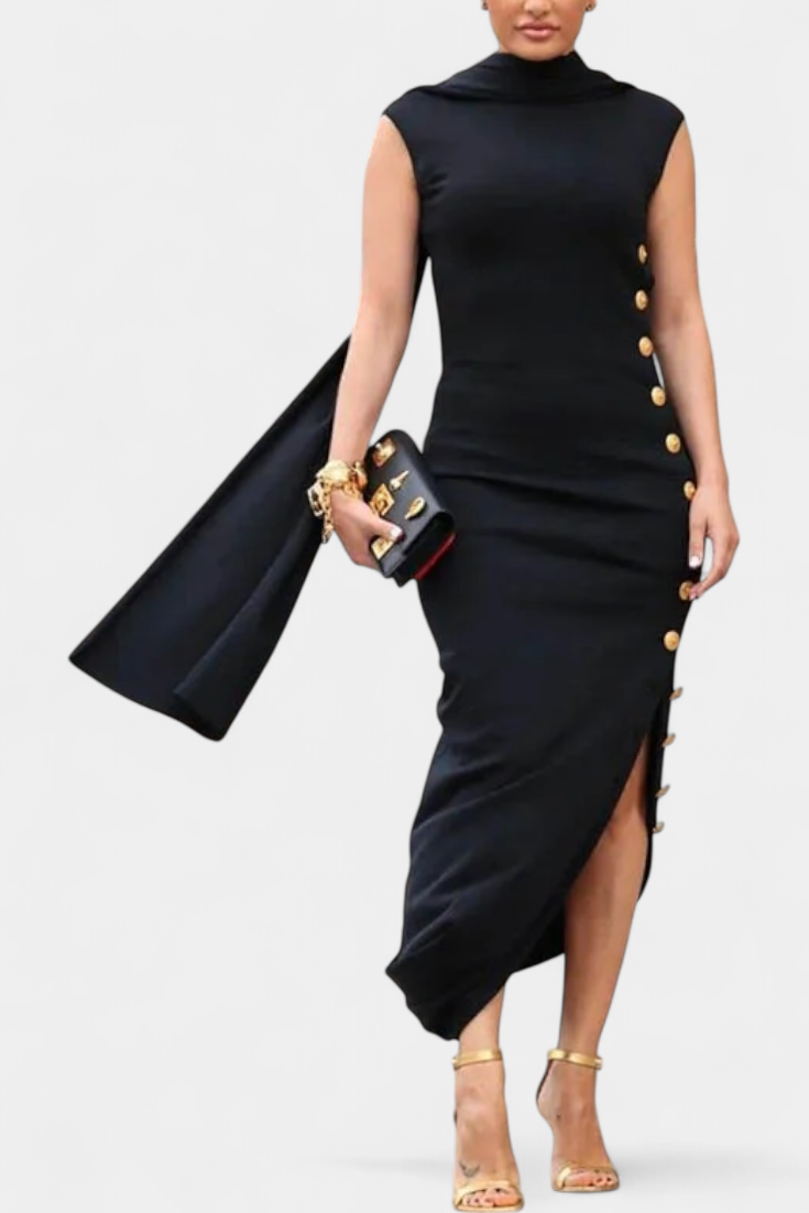 APHRODITE | Vestido Asimétrico con Botones Dorados Decorativos