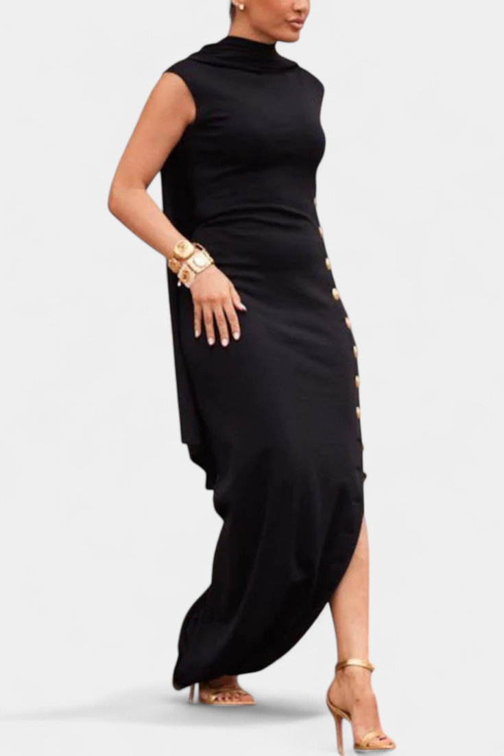 APHRODITE | Vestido Asimétrico con Botones Dorados Decorativos