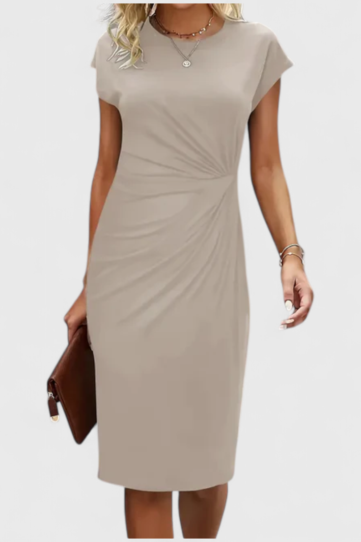 KATRINA | Vestido Midi Atemporal con Cuello Redondo y Detalle Drapeado