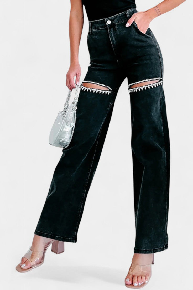 EVIAN | Jeans Ripped Straight-Leg con Rhinestones