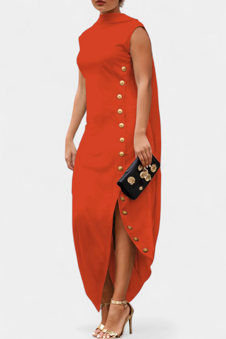 APHRODITE | Vestido Asimétrico con Botones Dorados Decorativos