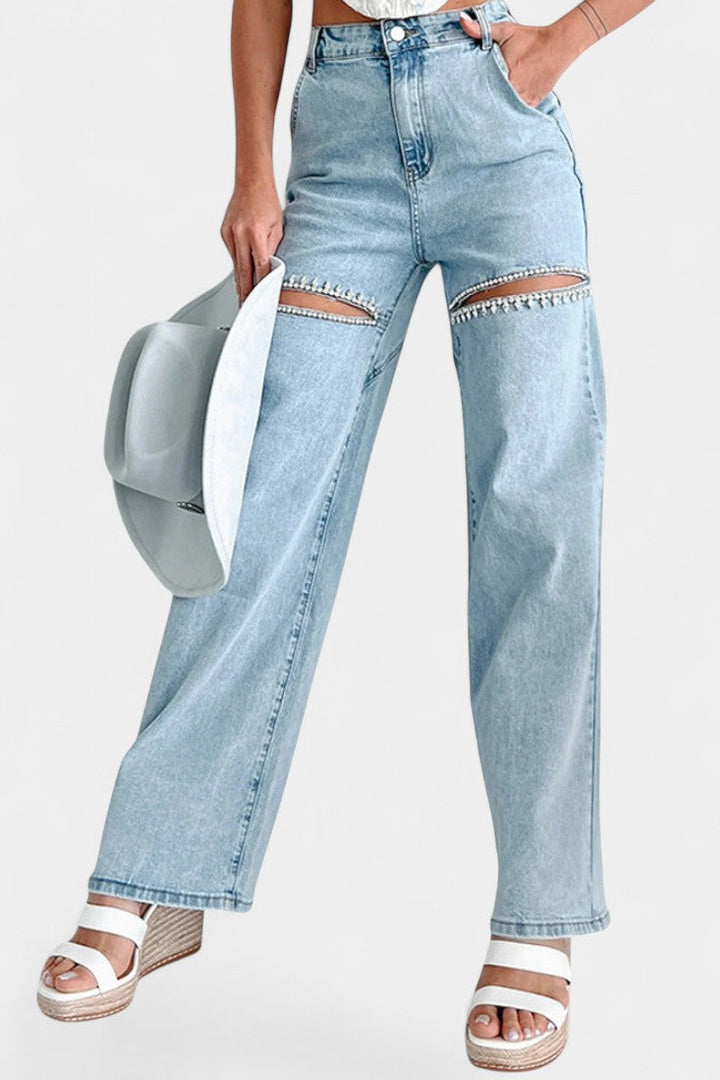EVIAN | Jeans Ripped Straight-Leg con Rhinestones