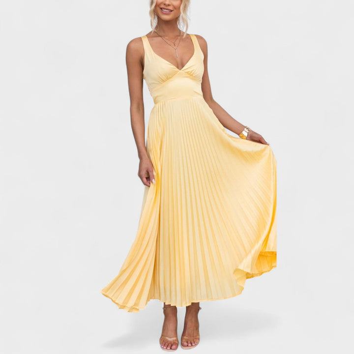 Aby - Vestido Maxi Amarillo Plisado con Escote en V