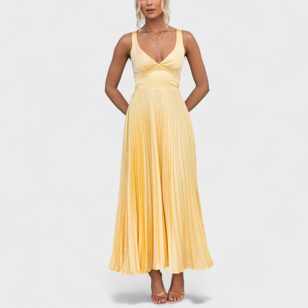 Aby - Vestido Maxi Amarillo Plisado con Escote en V