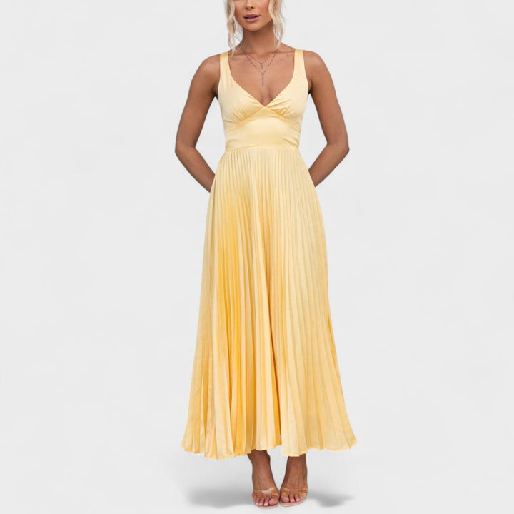 Aby - Vestido Maxi Amarillo Plisado con Escote en V
