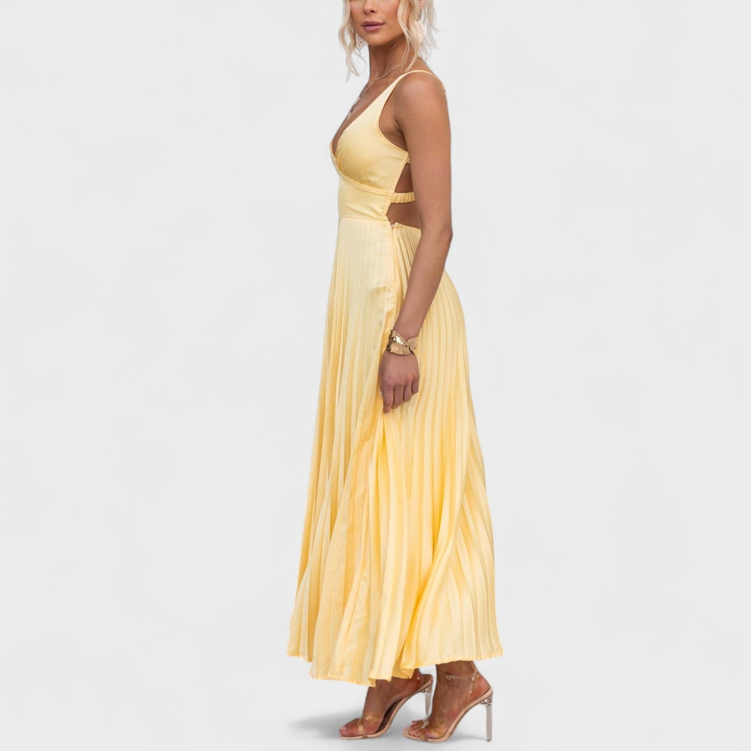Aby - Vestido Maxi Amarillo Plisado con Escote en V