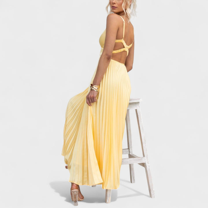 Aby - Vestido Maxi Amarillo Plisado con Escote en V