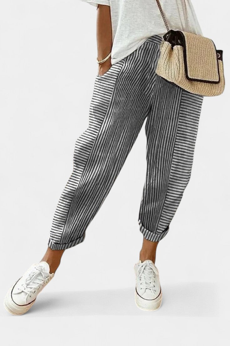 ALBA | Pantalones de Mezcla de Lino a Rayas
