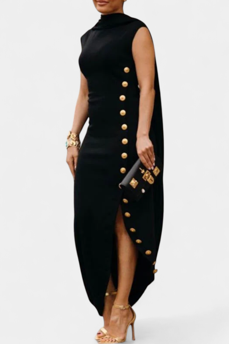 APHRODITE | Vestido Asimétrico con Botones Dorados Decorativos