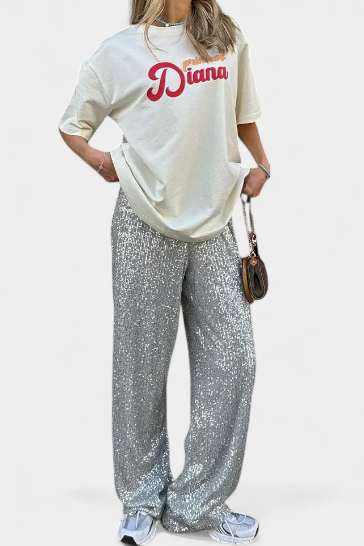 ELVA | Pantalones de Lentejuelas de Cintura Alta y Corte Holgado