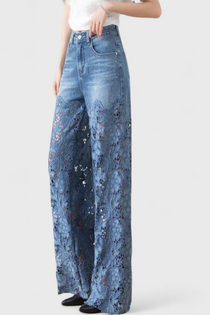 JASIEL | Pantalón Palazzo de Encaje Denim con Bordado Floral