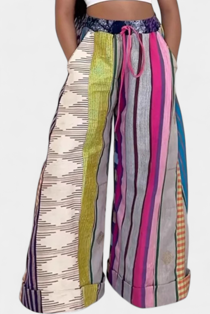 CLAUDINE | Pantalones Casual de Pierna Ancha con Estampado a Rayas