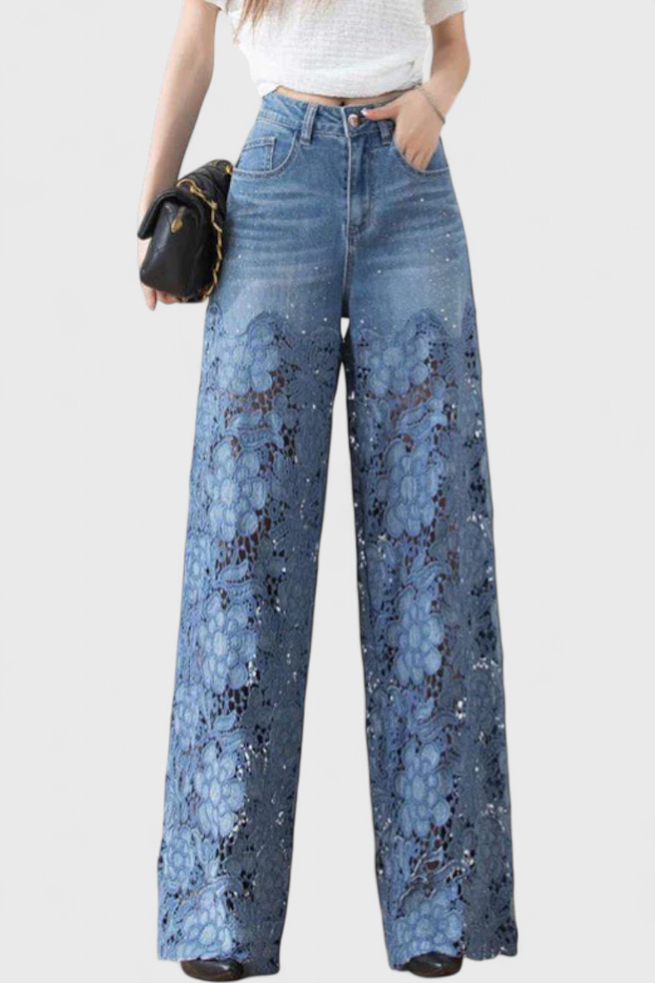 JASIEL | Pantalón Palazzo de Encaje Denim con Bordado Floral