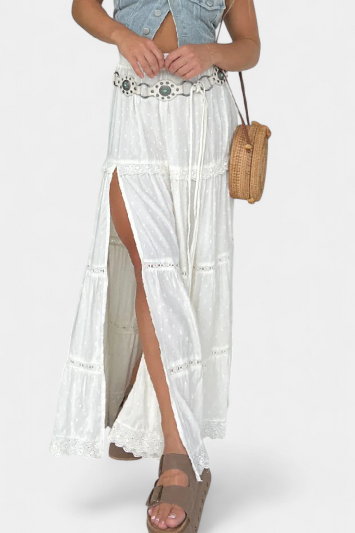 Dola Falda Maxi Boho con Encaje y Abertura Frontal