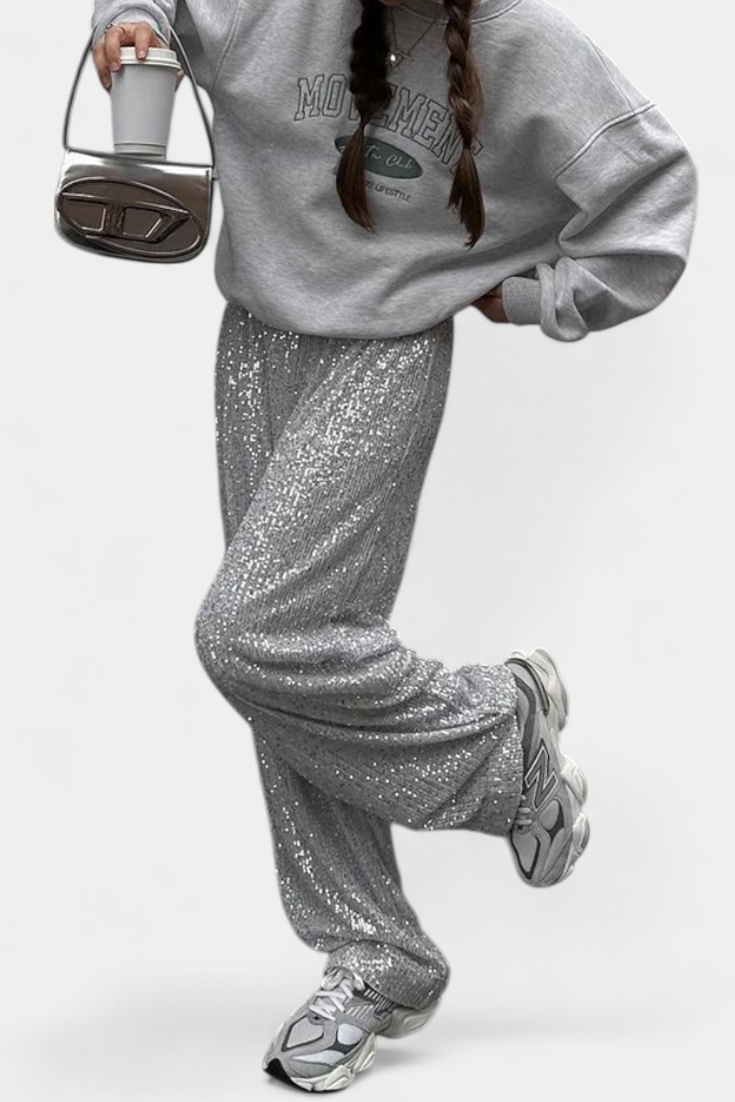 ELVA | Pantalones de Lentejuelas de Cintura Alta y Corte Holgado