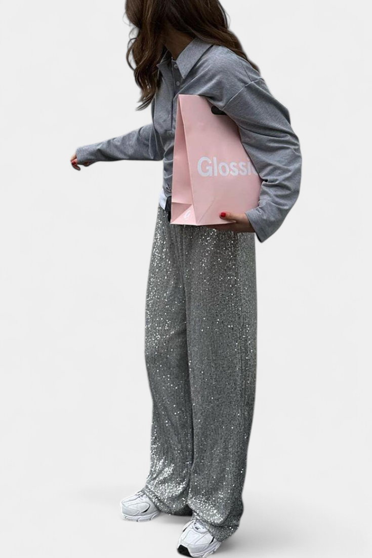 ELVA | Pantalones de Lentejuelas de Cintura Alta y Corte Holgado