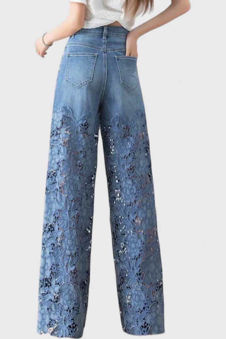 JASIEL | Pantalón Palazzo de Encaje Denim con Bordado Floral